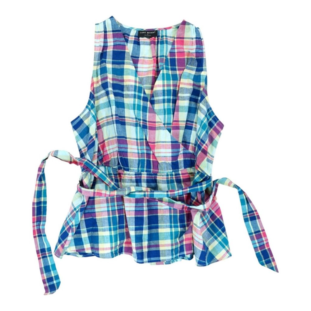 LANE BRYANT Plaid Faux Wrap Sleeveless Tie Waist Peplum Blouse Top Sz 22